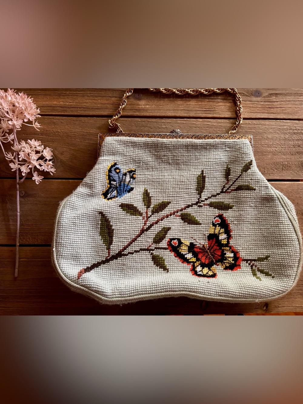 Vintage Wool Hand-Embroidered Butterfly purse
